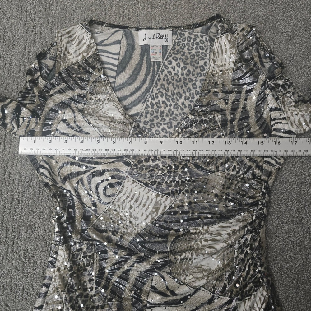 Joseph Ribkoff Animal Print Ruched Top Cold Shoulder Metallic Stretch 8 - Picture 6 of 7